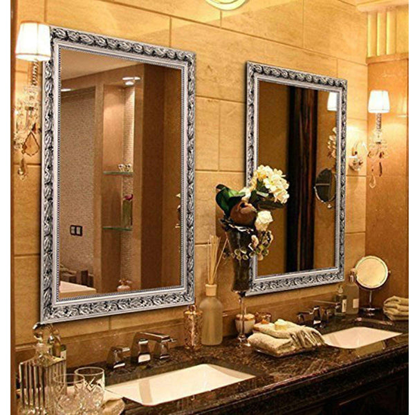 Large 38 x 26 inch Bathroom Wall Mirror with Baroque Style Silver Wood Frame - Deals Kiosk