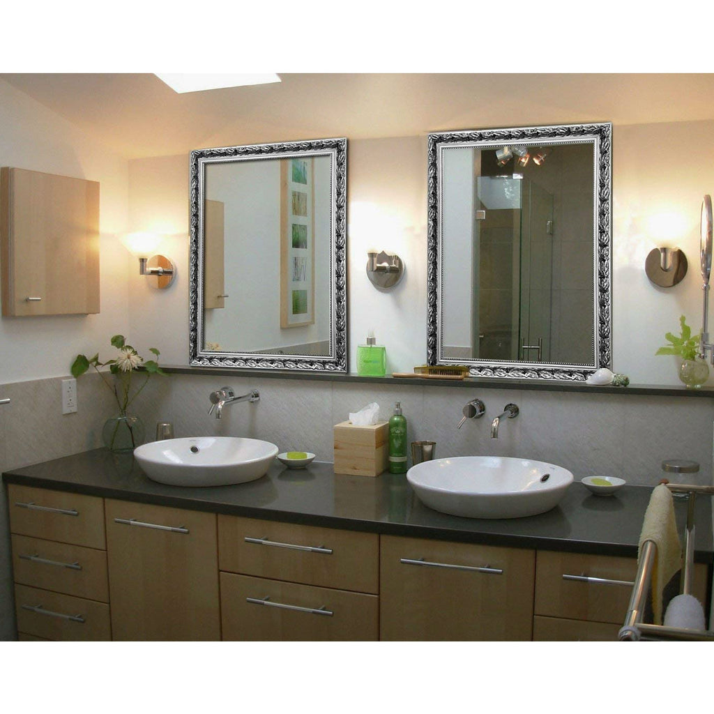 Large 38 x 26 inch Bathroom Wall Mirror with Baroque Style Silver Wood Frame - Deals Kiosk