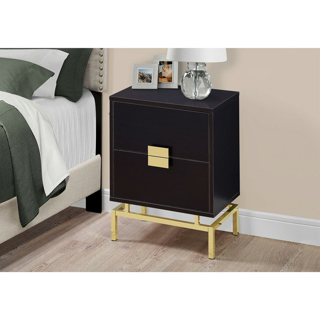 24in Retro 2 Drawer NightStand End Table Cappuccino with Gold Metal Legs - Deals Kiosk