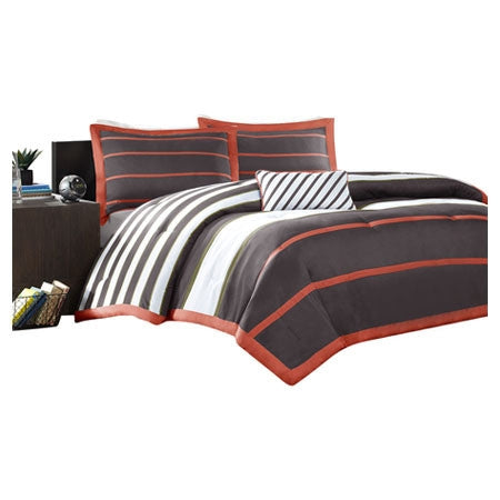 Full / Queen Bed Bag Comforter Set in Dark Gray Orange White Stripes - Deals Kiosk