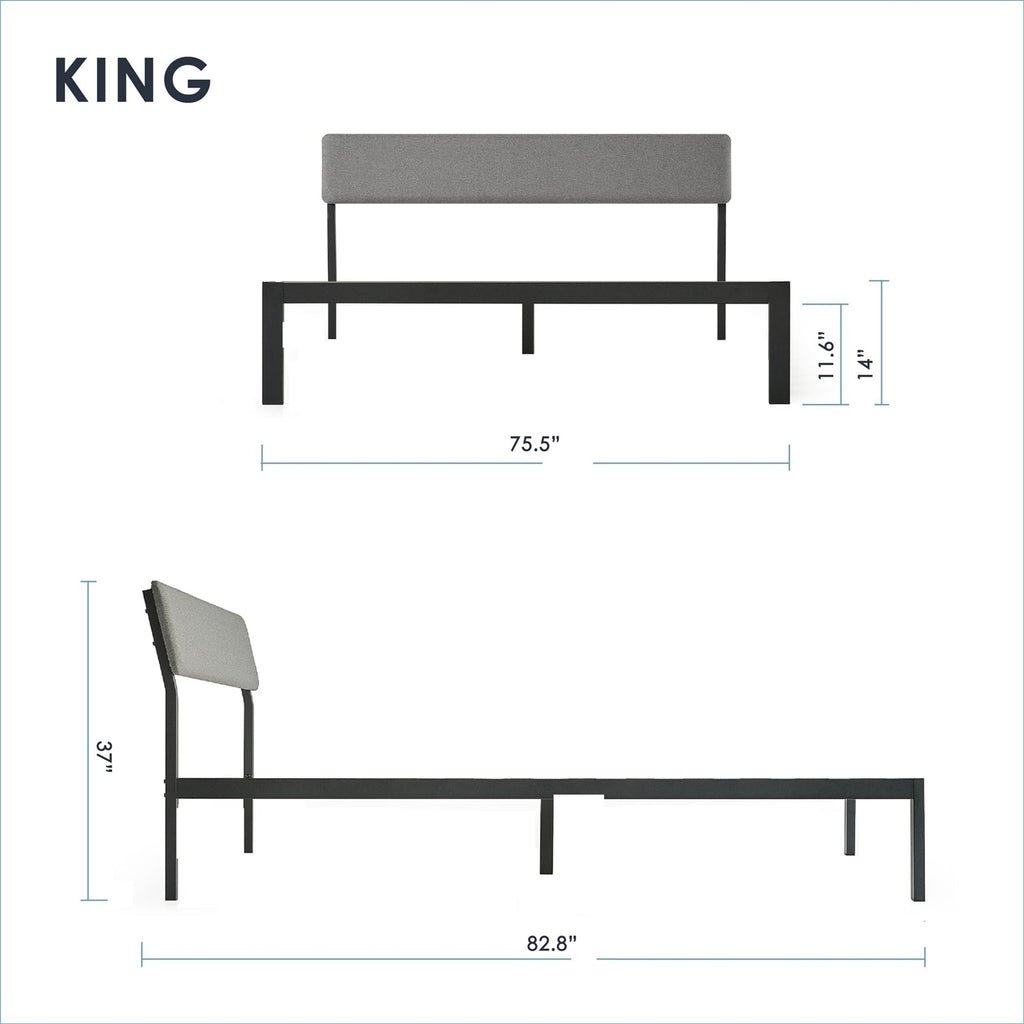 King Size Grey Soft Fabric Metal Headboard Platform Bed Wooden Slats - Deals Kiosk