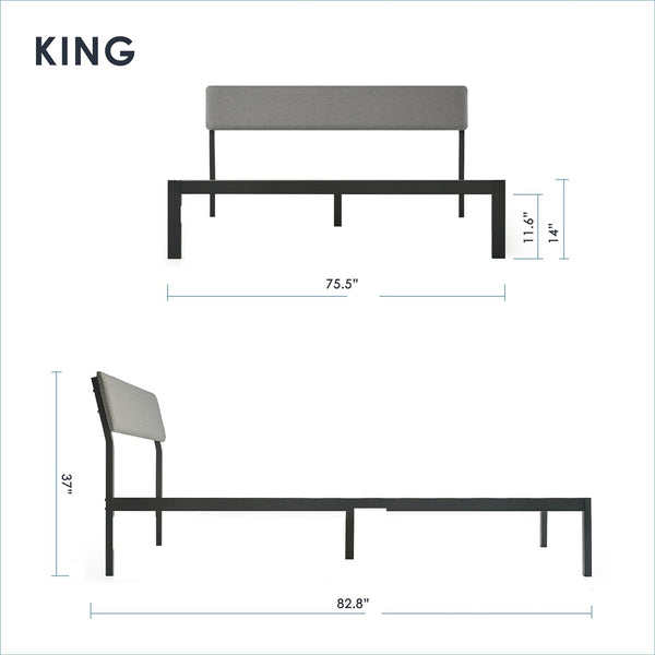 King Size Grey Soft Fabric Metal Headboard Platform Bed Wooden Slats - Deals Kiosk