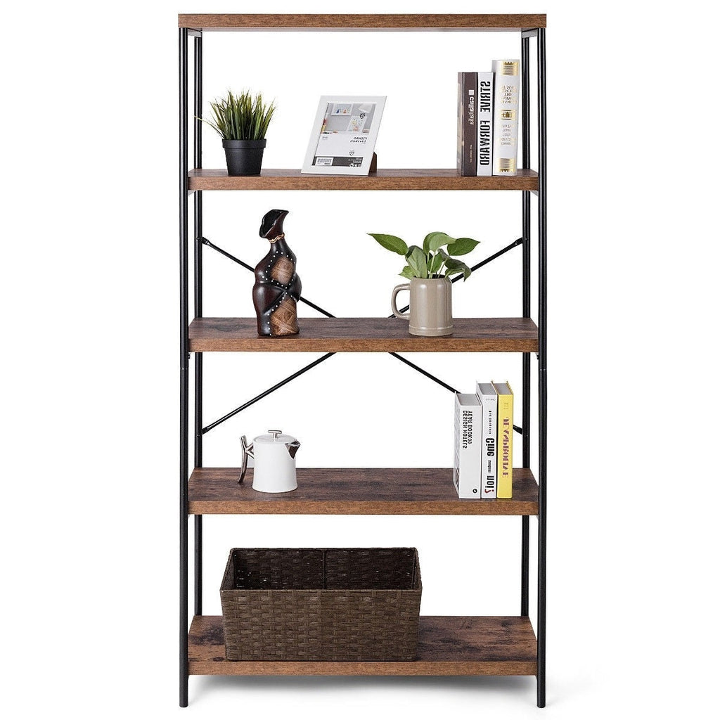 Industrial Metal Wood 5-Tier Bookcase Storage Rack Book Shelf - Deals Kiosk