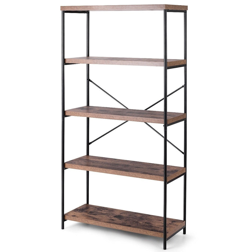 Industrial Metal Wood 5-Tier Bookcase Storage Rack Book Shelf - Deals Kiosk