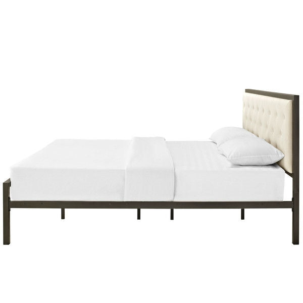 King size Modern Metal Platform Bed Frame with Beige Upholstered Headboard - Deals Kiosk