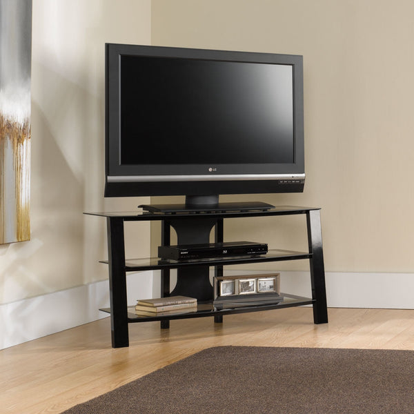Contemporary 40-inch Black Metal TV Stand with Clear Glass Shelves - Deals Kiosk