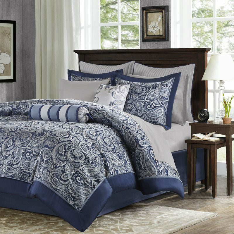 King size 12-piece Reversible Cotton Comforter Set in Navy Blue and White - Deals Kiosk