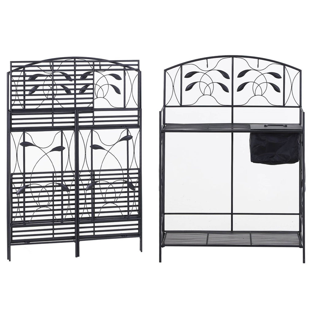 Black Metal Potting Bench with Wrought Iron Vine Details and Fabric Potting Sink - Deals Kiosk