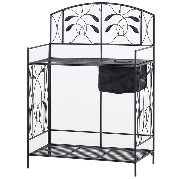 Black Metal Potting Bench with Wrought Iron Vine Details and Fabric Potting Sink - Deals Kiosk