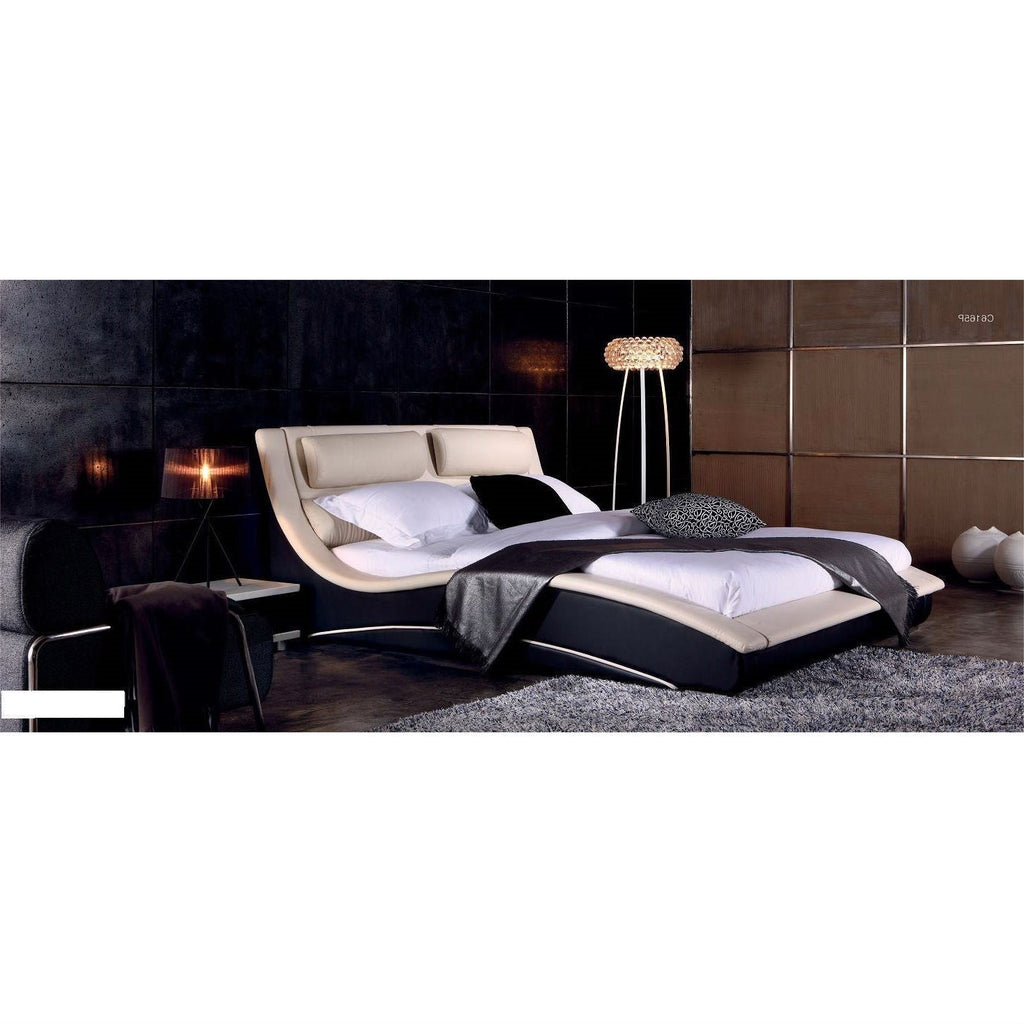 California King Modern Faux Leather Upholstered Platform Bed with Headboard in Cream Black - Deals Kiosk