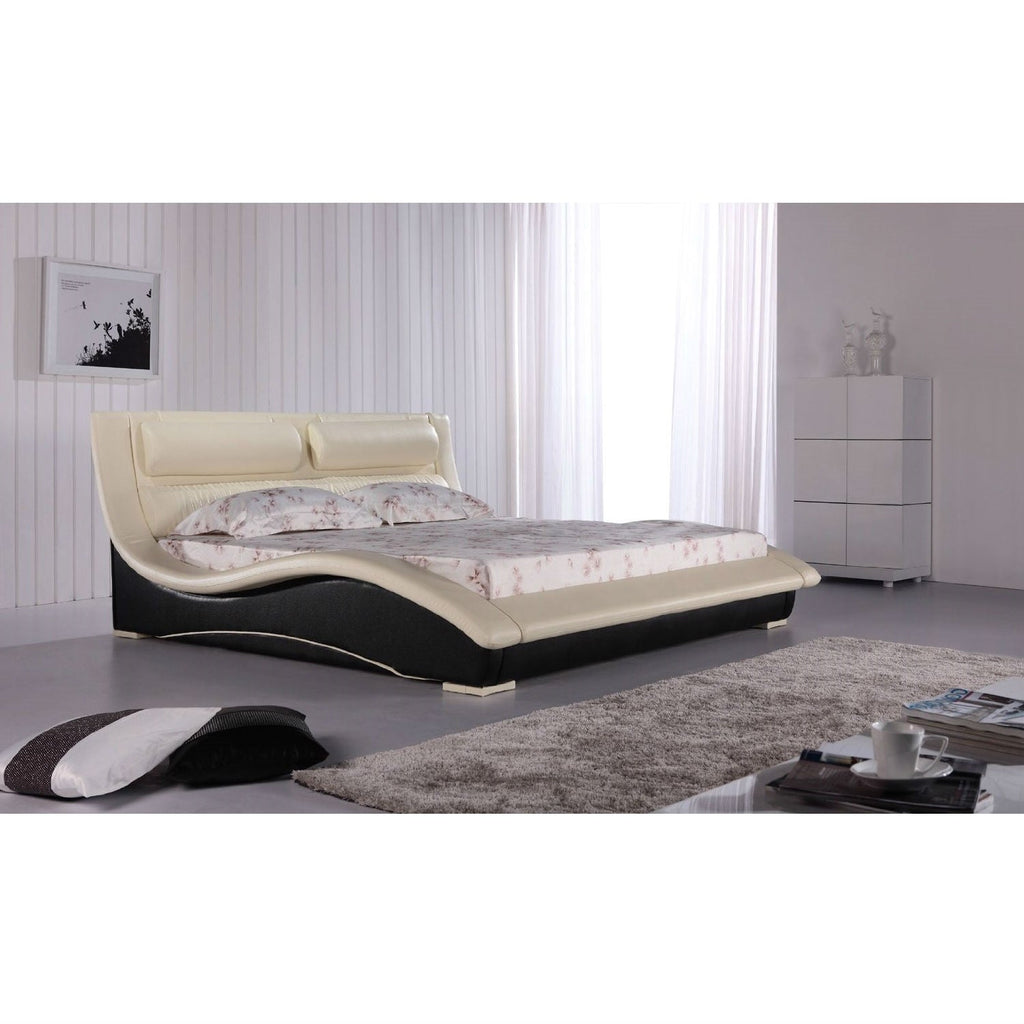 California King Modern Faux Leather Upholstered Platform Bed with Headboard in Cream Black - Deals Kiosk