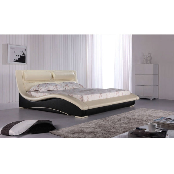 California King Modern Faux Leather Upholstered Platform Bed with Headboard in Cream Black - Deals Kiosk