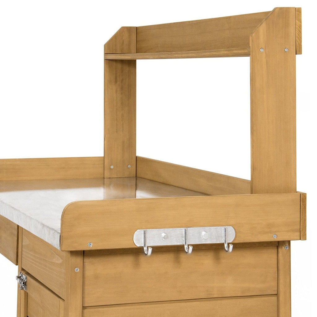 Natural Fir Wood Potting Bench Garden Work Table with Metal Top - Deals Kiosk