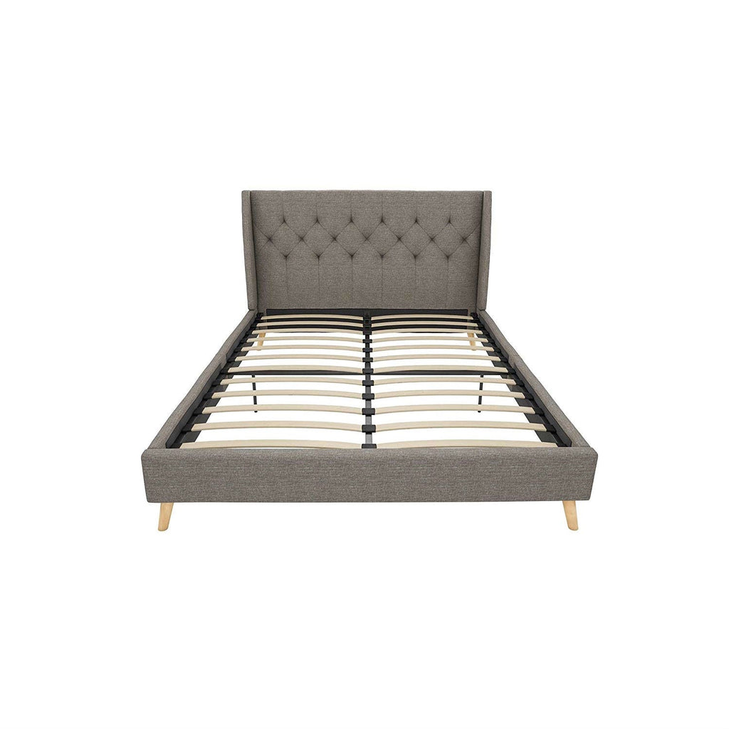 Full size Grey Linen Upholstered Platform Bed with Wingback Headboard - Deals Kiosk