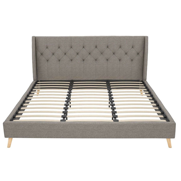 King Grey Linen Upholstered Wing-Back Platform Bed Mid-Century Style - Deals Kiosk