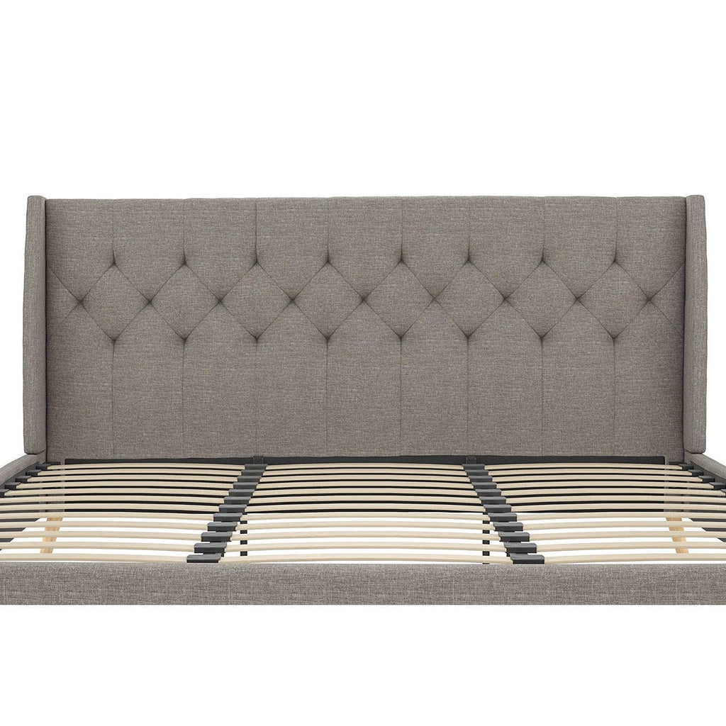 King Grey Linen Upholstered Wing-Back Platform Bed Mid-Century Style - Deals Kiosk