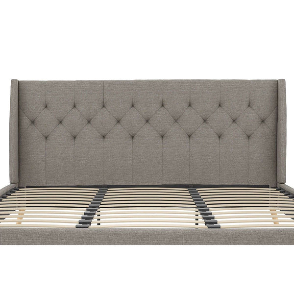 King Grey Linen Upholstered Wing-Back Platform Bed Mid-Century Style - Deals Kiosk