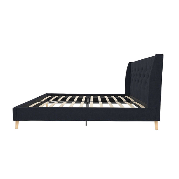 Full size Navy Blue Linen Upholstered Mid-Century Modern Wingback Platform Bed - Deals Kiosk