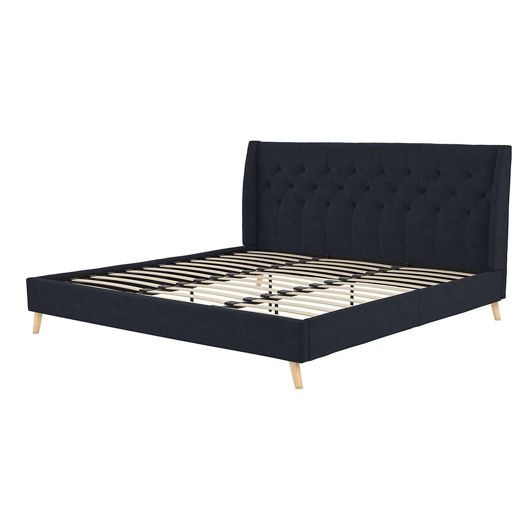 King Mid-Century Style Navy Blue Linen Upholstered Wingback Platform Bed - Deals Kiosk