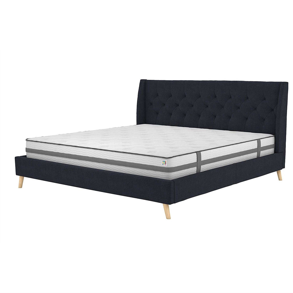 King Mid-Century Style Navy Blue Linen Upholstered Wingback Platform Bed - Deals Kiosk
