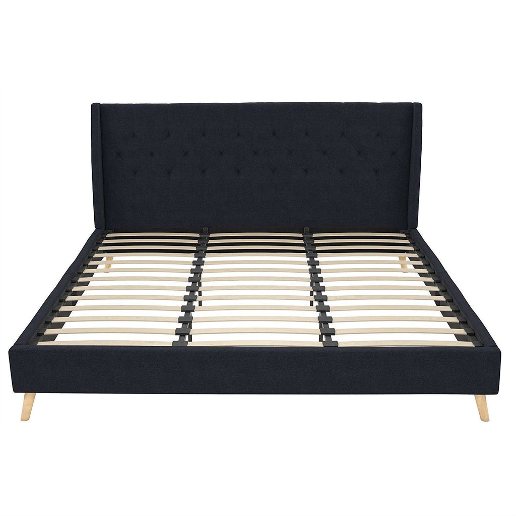 King Mid-Century Style Navy Blue Linen Upholstered Wingback Platform Bed - Deals Kiosk