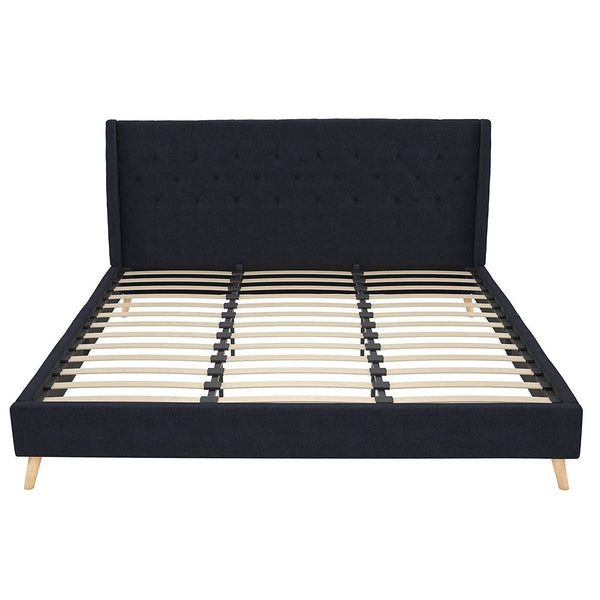 King Mid-Century Style Navy Blue Linen Upholstered Wingback Platform Bed - Deals Kiosk