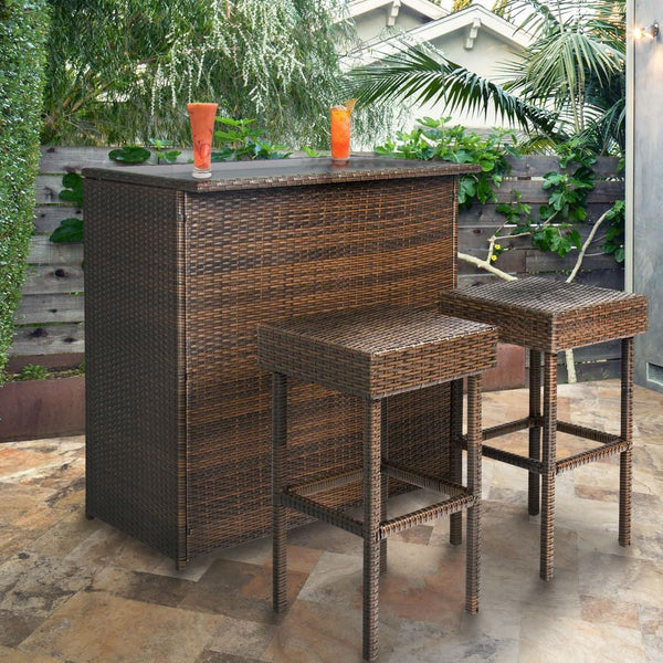 Outdoor 3-Piece PE Wicker Bar Set with Table and Stools - Deals Kiosk