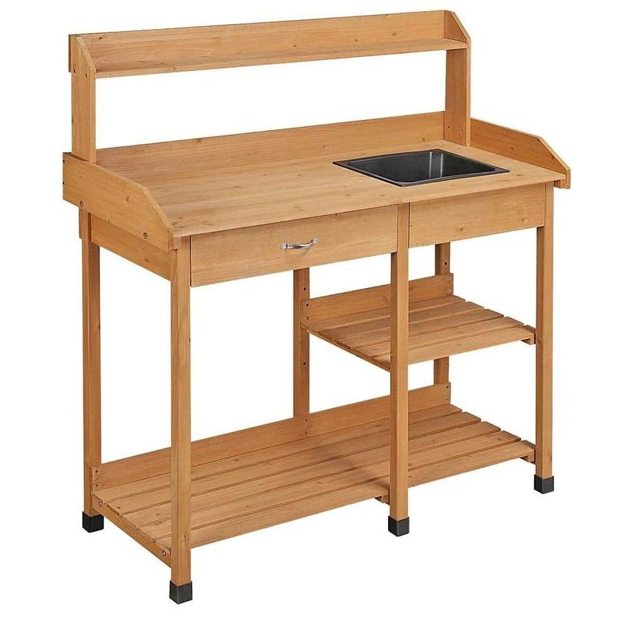Outdoor Garden Wood Potting Bench Work Table with Sink in Light Oak Finish - Deals Kiosk