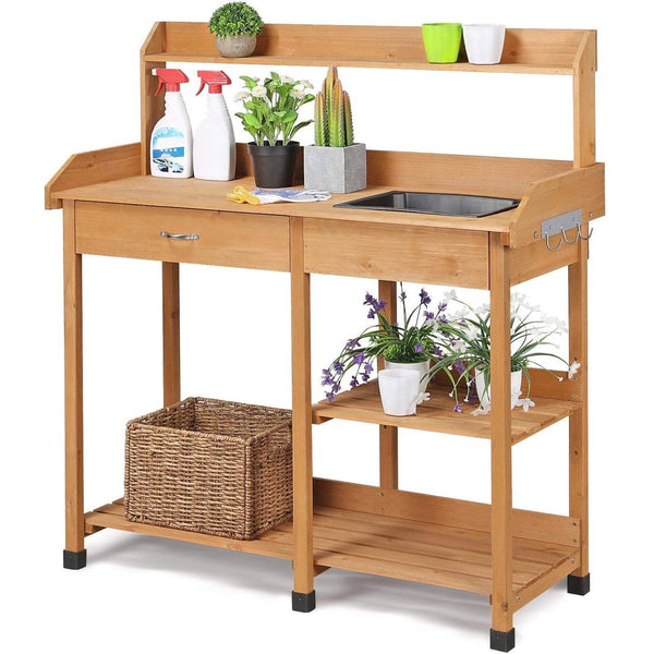 Outdoor Garden Wood Potting Bench Work Table with Sink in Light Oak Finish - Deals Kiosk