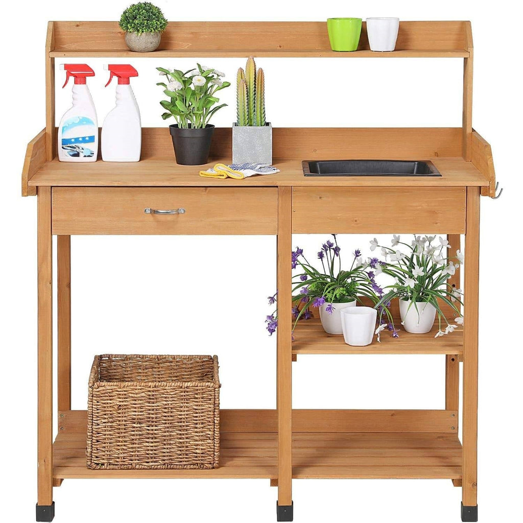 Outdoor Garden Wood Potting Bench Work Table with Sink in Light Oak Finish - Deals Kiosk