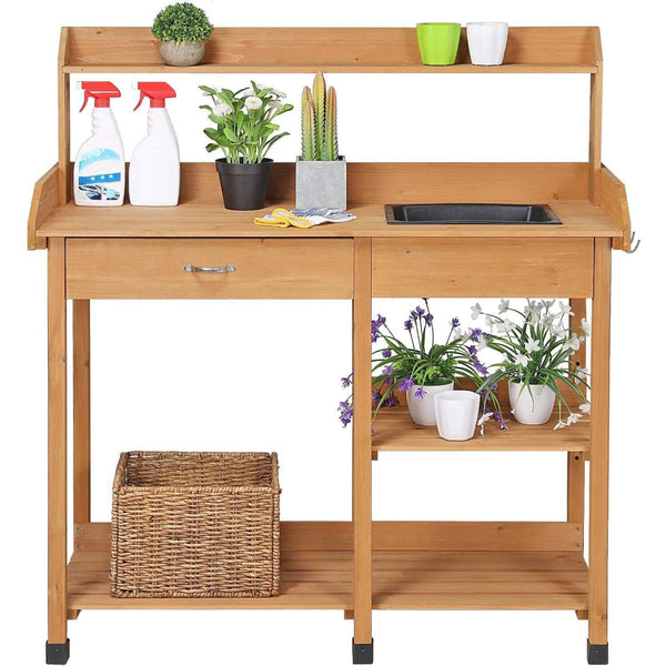 Outdoor Garden Wood Potting Bench Work Table with Sink in Light Oak Finish - Deals Kiosk