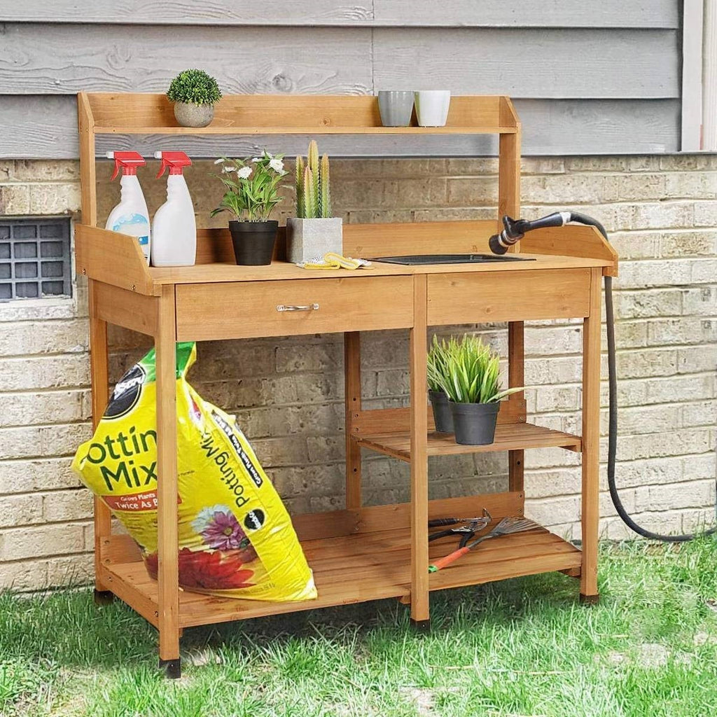 Outdoor Garden Wood Potting Bench Work Table with Sink in Light Oak Finish - Deals Kiosk