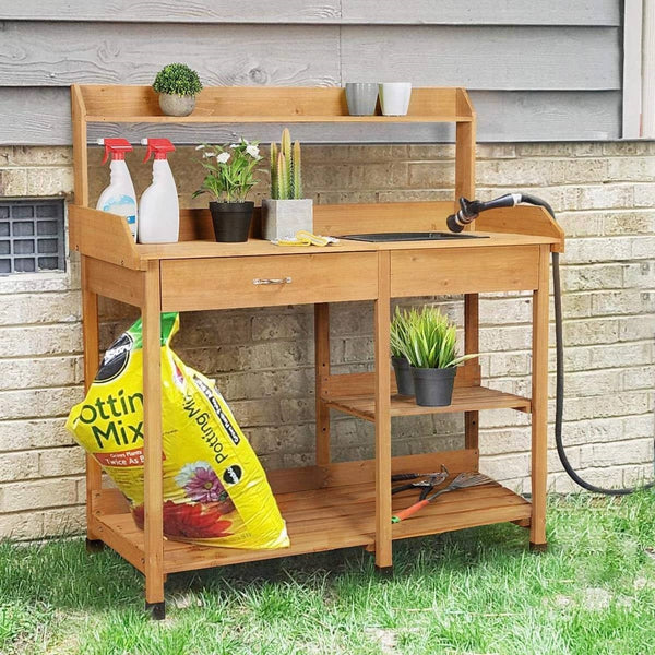 Outdoor Garden Wood Potting Bench Work Table with Sink in Light Oak Finish - Deals Kiosk