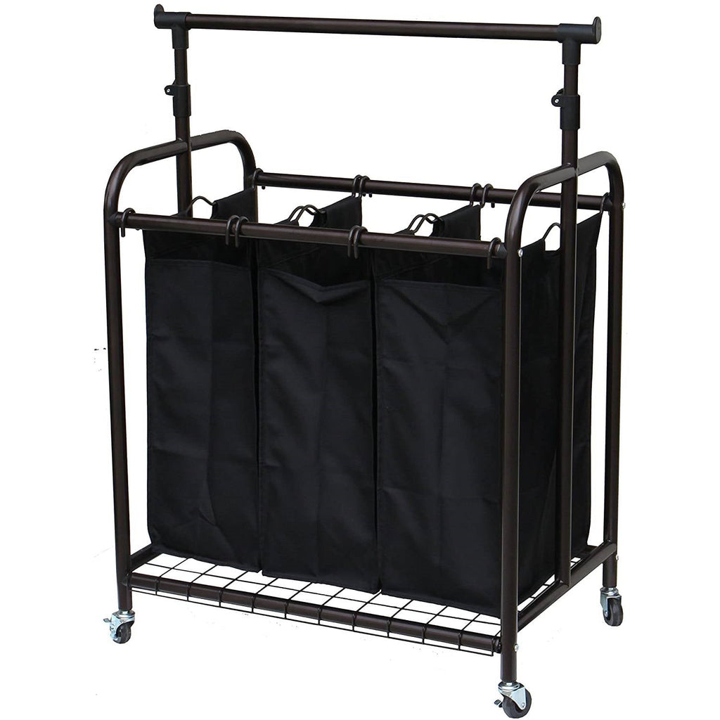 Bronze Black 3-Bag Laundry Sorter Hamper with Adjustable Clothes Hanging Bar - Deals Kiosk
