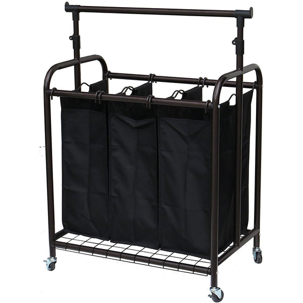 Bronze Black 3-Bag Laundry Sorter Hamper with Adjustable Clothes Hanging Bar - Deals Kiosk