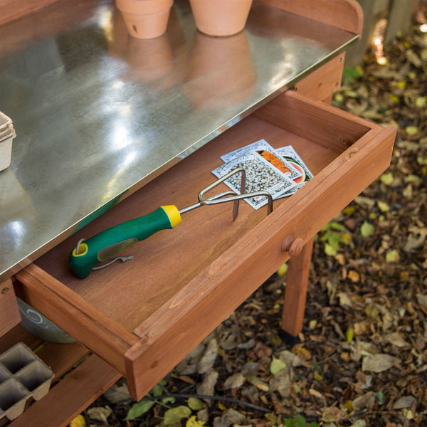 Durable Weather Resistant Wood Potting Bench Garden Table with Metal Top - Deals Kiosk