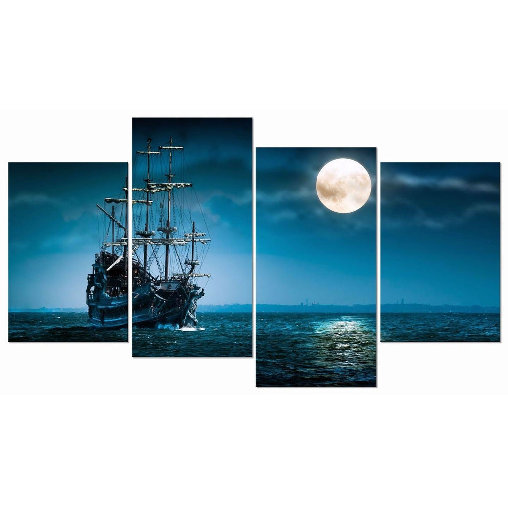 Full Moon Ocean Ship 4-Panel Seascape Framed Canvas Wall Art - Deals Kiosk