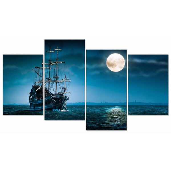 Full Moon Ocean Ship 4-Panel Seascape Framed Canvas Wall Art - Deals Kiosk