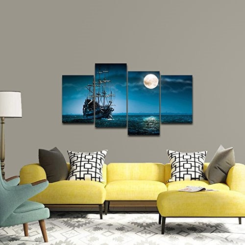 Full Moon Ocean Ship 4-Panel Seascape Framed Canvas Wall Art - Deals Kiosk