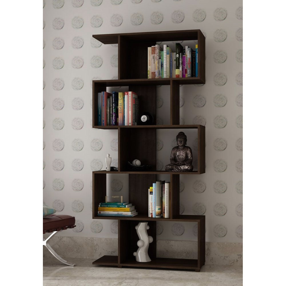 Modern Zig-Zag Bookcase with 5-Shelves in Dark Brown Finish - Deals Kiosk