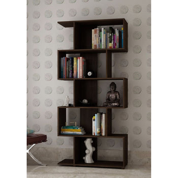 Modern Zig-Zag Bookcase with 5-Shelves in Dark Brown Finish - Deals Kiosk