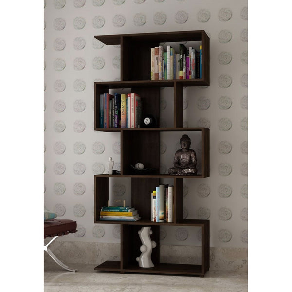 Modern Zig-Zag Bookcase with 5-Shelves in Dark Brown Finish - Deals Kiosk