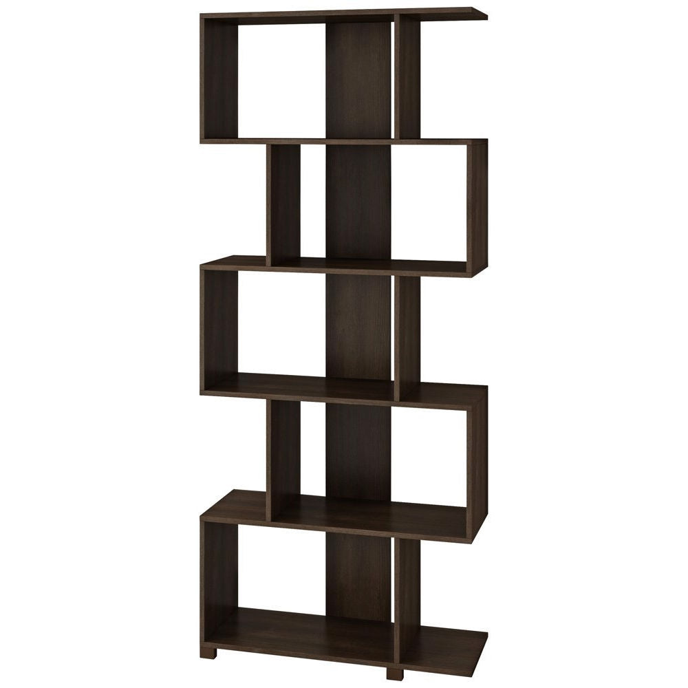 Modern Zig-Zag Bookcase with 5-Shelves in Dark Brown Finish - Deals Kiosk