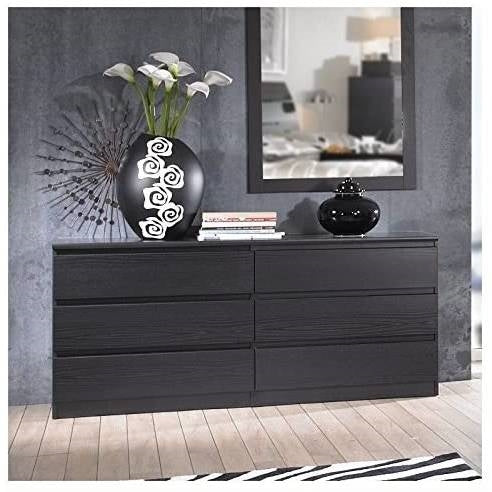 Modern 6 Drawer Double Dresser in Black Woodgrain Finish - Deals Kiosk