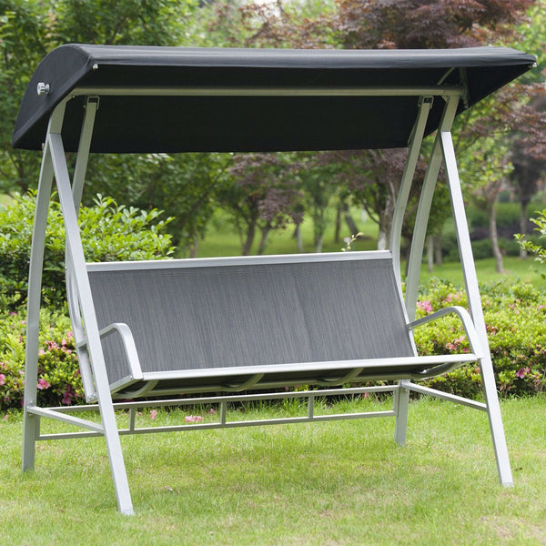Durable Steel Frame 3-Seat Sling Canopy Swing in Grey for Outdoor Patio Porch - Deals Kiosk