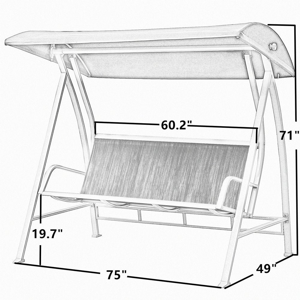 Durable Steel Frame 3-Seat Sling Canopy Swing in Grey for Outdoor Patio Porch - Deals Kiosk