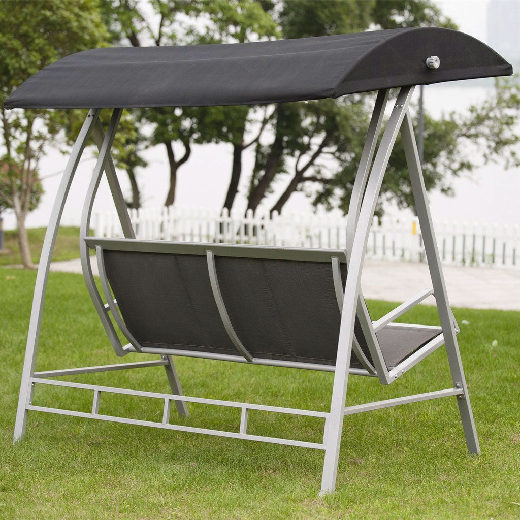 Durable Steel Frame 3-Seat Sling Canopy Swing in Grey for Outdoor Patio Porch - Deals Kiosk