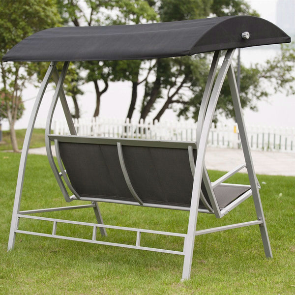 Durable Steel Frame 3-Seat Sling Canopy Swing in Grey for Outdoor Patio Porch - Deals Kiosk