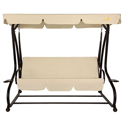 Outdoor 3-Seat Canopy Swing with Beige Cushions for Patio Deck or Porch - Deals Kiosk