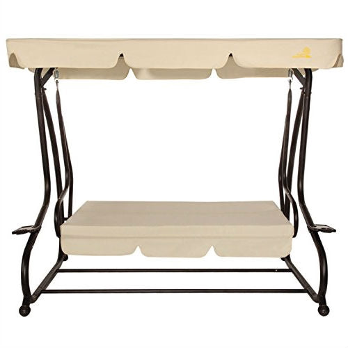 Outdoor 3-Seat Canopy Swing with Beige Cushions for Patio Deck or Porch - Deals Kiosk